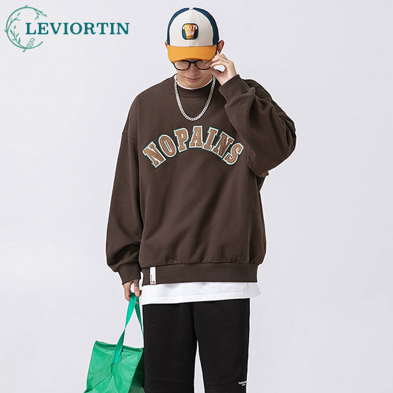 Mens Hoodies Sweatshirts Heavyweight Japanese Retro Round Neck Hip Hop Letter Suede Embroidered Patch Pullover Sweat Shirts Male Tops 230808