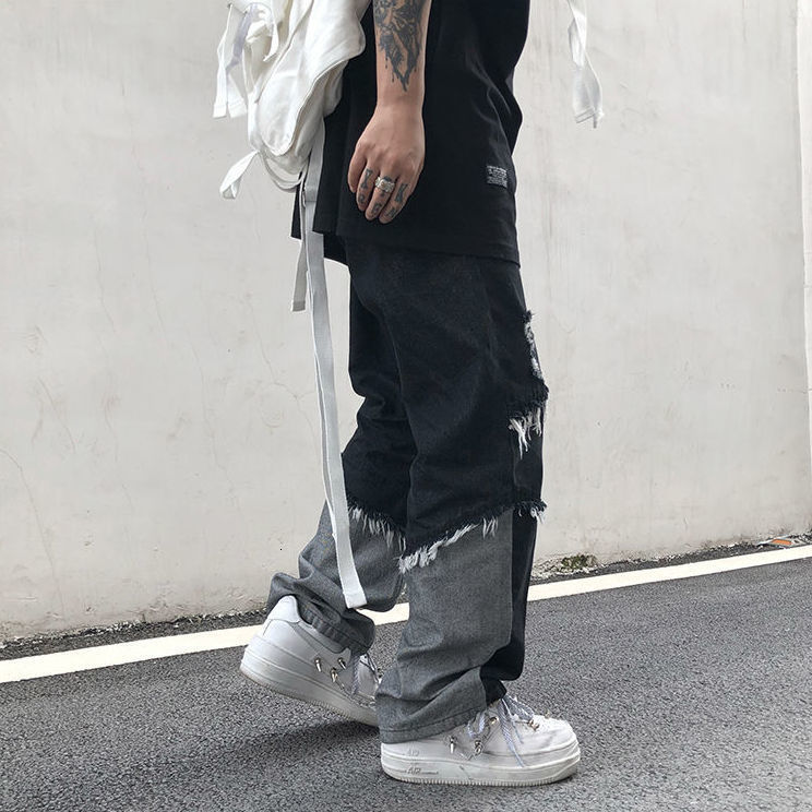 Mens Jeans Raw edge jeans mens and womens trend hiphop tassel stitching denim pants trendy high street Harajuku style loose trousers 230809