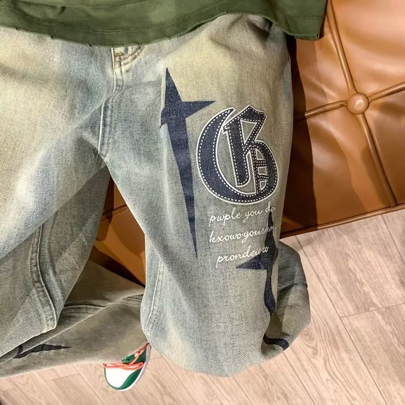 Mens Jeans Retro Print Neutral Wide Leg Denim Trousers hip hop Loose Straight Men Man Casual Baggy man Pan 230809