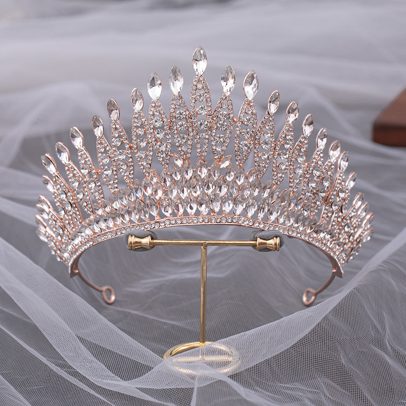 Wedding Hair Jewelry Quality Pageant Pink Bridal Crown Headdress Royal Queen Large Water Drop Crystal Tiaras Diadem Wedding Hair Jewelry Accessories 2