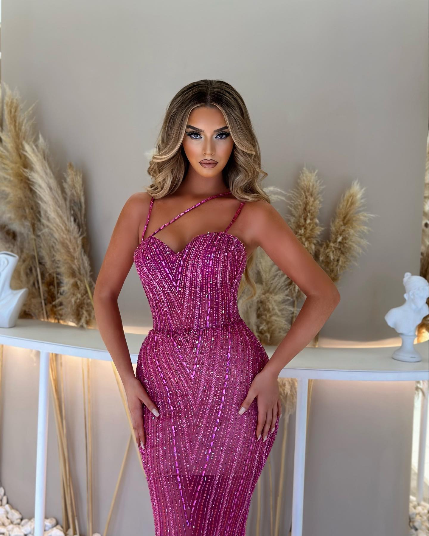 Crystal Dia Mermaid Evening Dresses Rosy Pink Beads Straps Party Prom Mor Beading Formal Long Red Carpet Dress For Special Ocn Lz0304