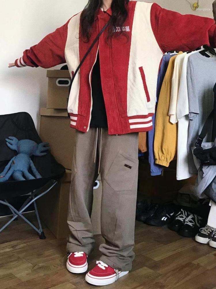 Women's Jackets Deeptown Harajuku Corduroy Baseball Jacket Women 90s Vintage Striped Patchwork Varsity Coats Loose Casual College Outerwear