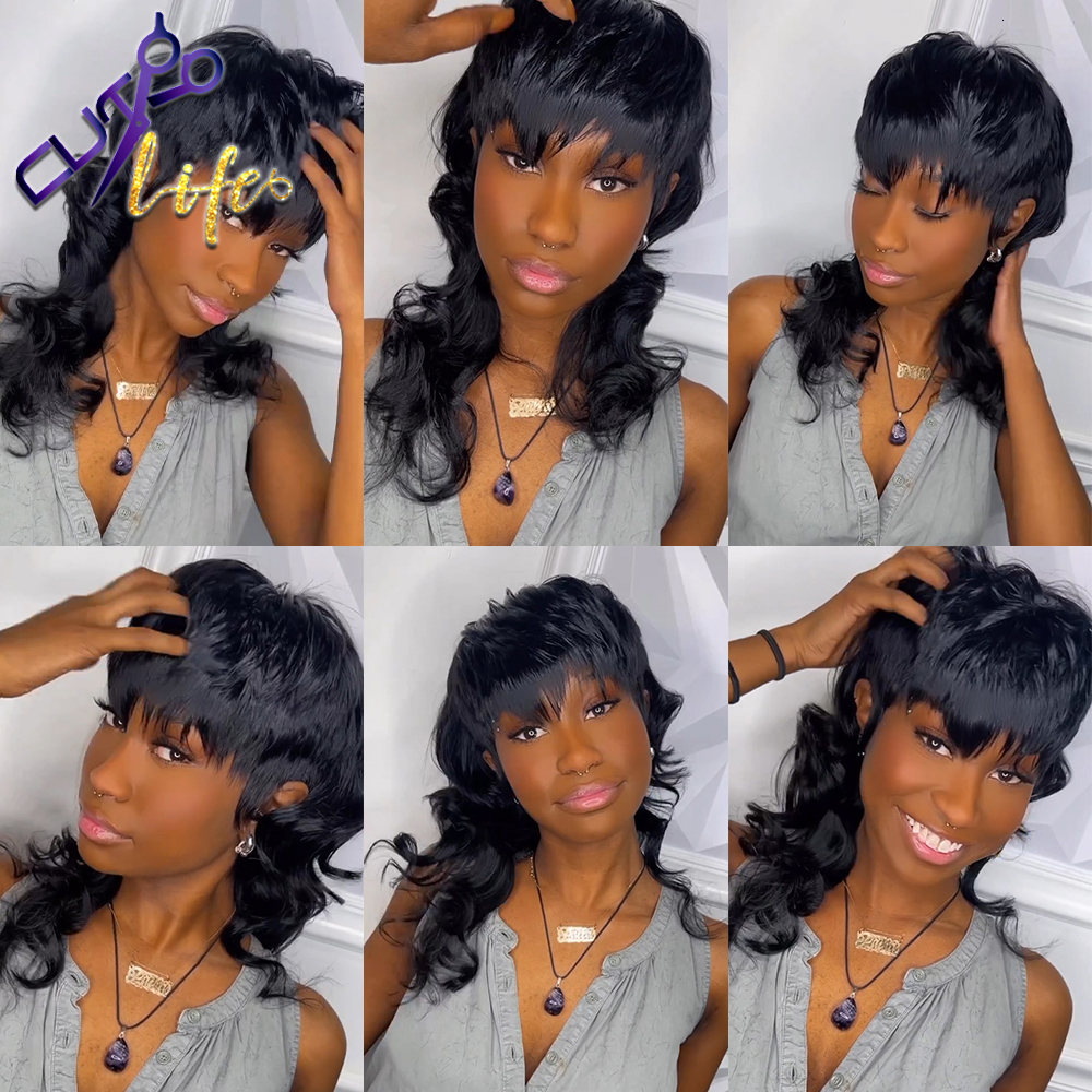 Synthetic Wigs Full Machine Made Wig With Bangs Mullet 18 Inches Body Wave Glueless Brazilian Human Hair Wigs For Women Short Pixie Cut Wigs 230808