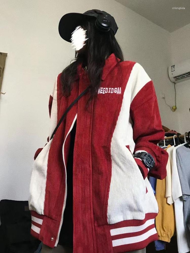 Women's Jackets Deeptown Harajuku Corduroy Baseball Jacket Women 90s Vintage Striped Patchwork Varsity Coats Loose Casual College Outerwear