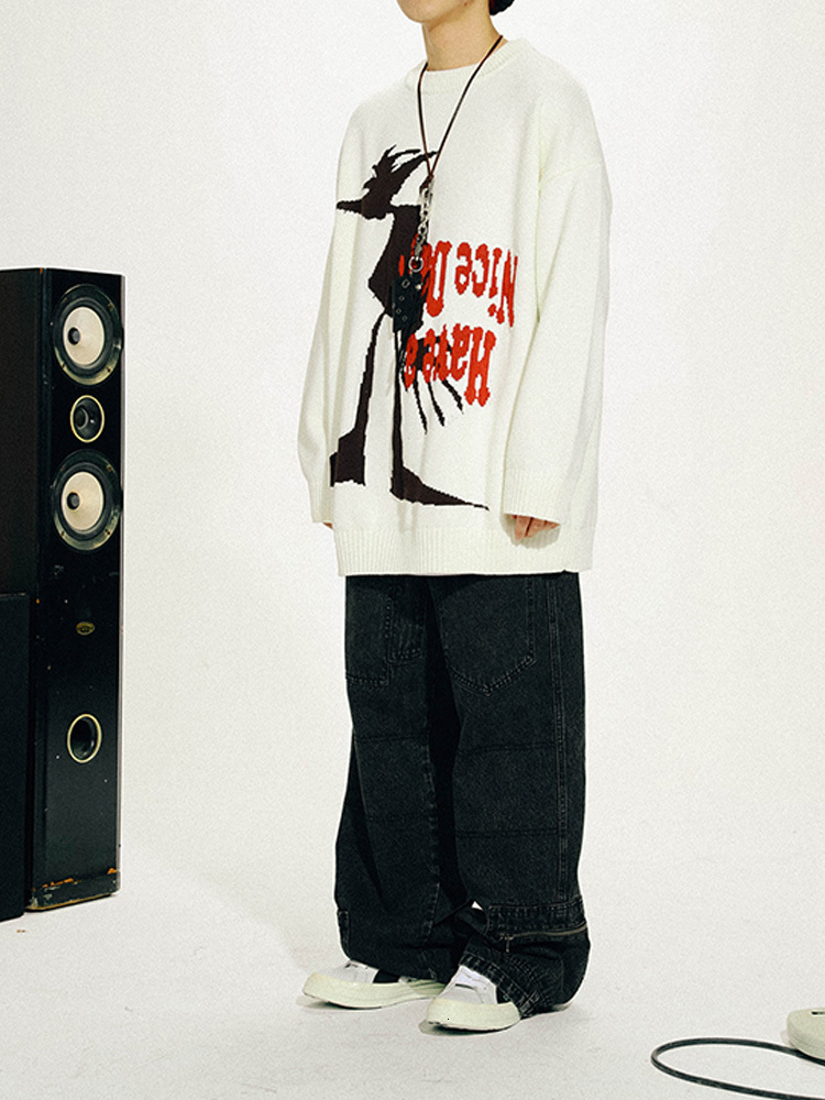 Men's Sweaters Men's Vintage Knit Sweater Autumn Winter Pullover Unisex Y2K Chic Harajuku Men's Loose Cotton Sweater Black Loose Anime 