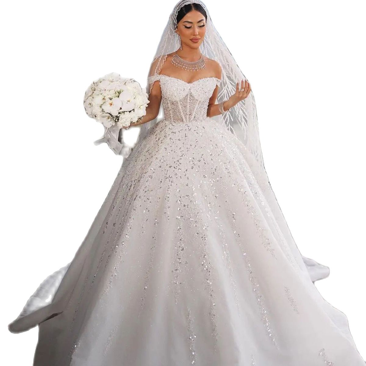 Fashion A line Wedding Dresses Off The Shoulder Dresses Sweep Floor Sequined vestidos de novia Custom Made