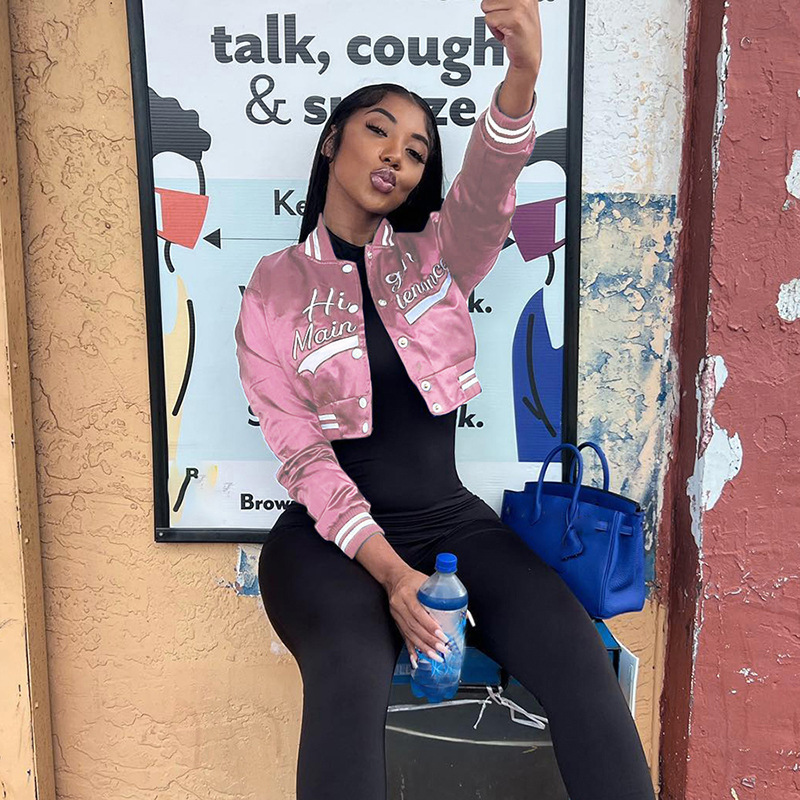 Womens Jackets Varsity Baseball Jacket Winter Clothes Women Fitness Cropped Cyber Y2K Streetwear Racing Bomber Satin Coat 230808