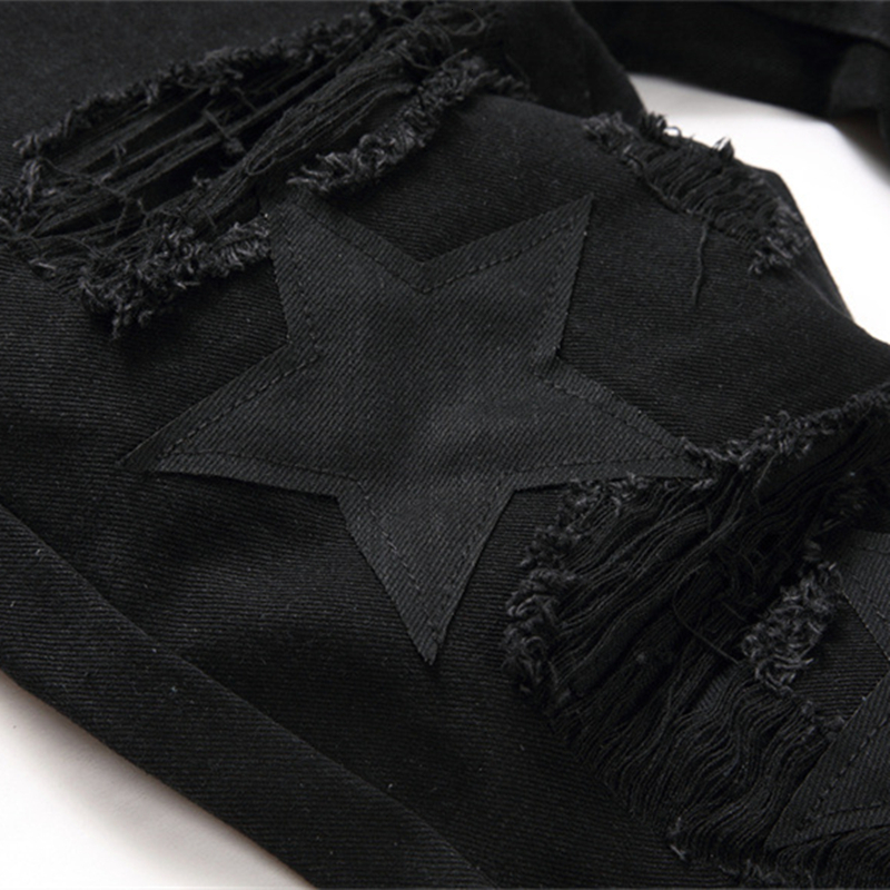 Mens Jeans Black Ripped Applique Embroidered Punk Style MidRise Slim Pencil Pants Fashion Streetwear 230809