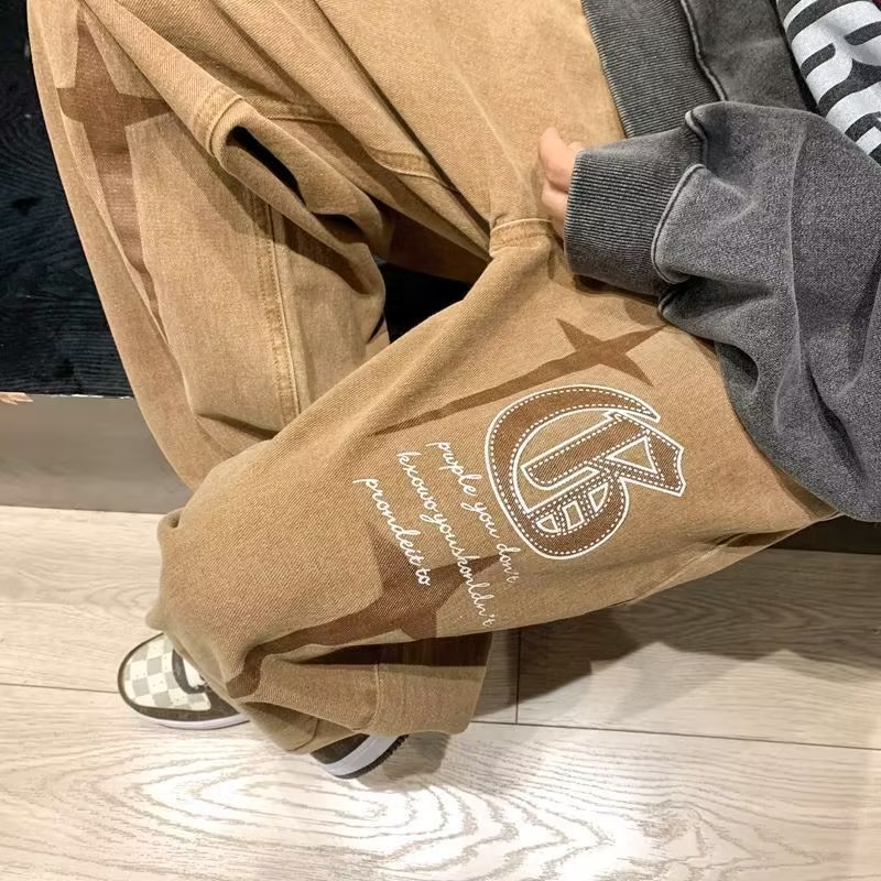 Mens Jeans Retro Print Neutral Wide Leg Denim Trousers hip hop Loose Straight Men Man Casual Baggy man Pan 230809