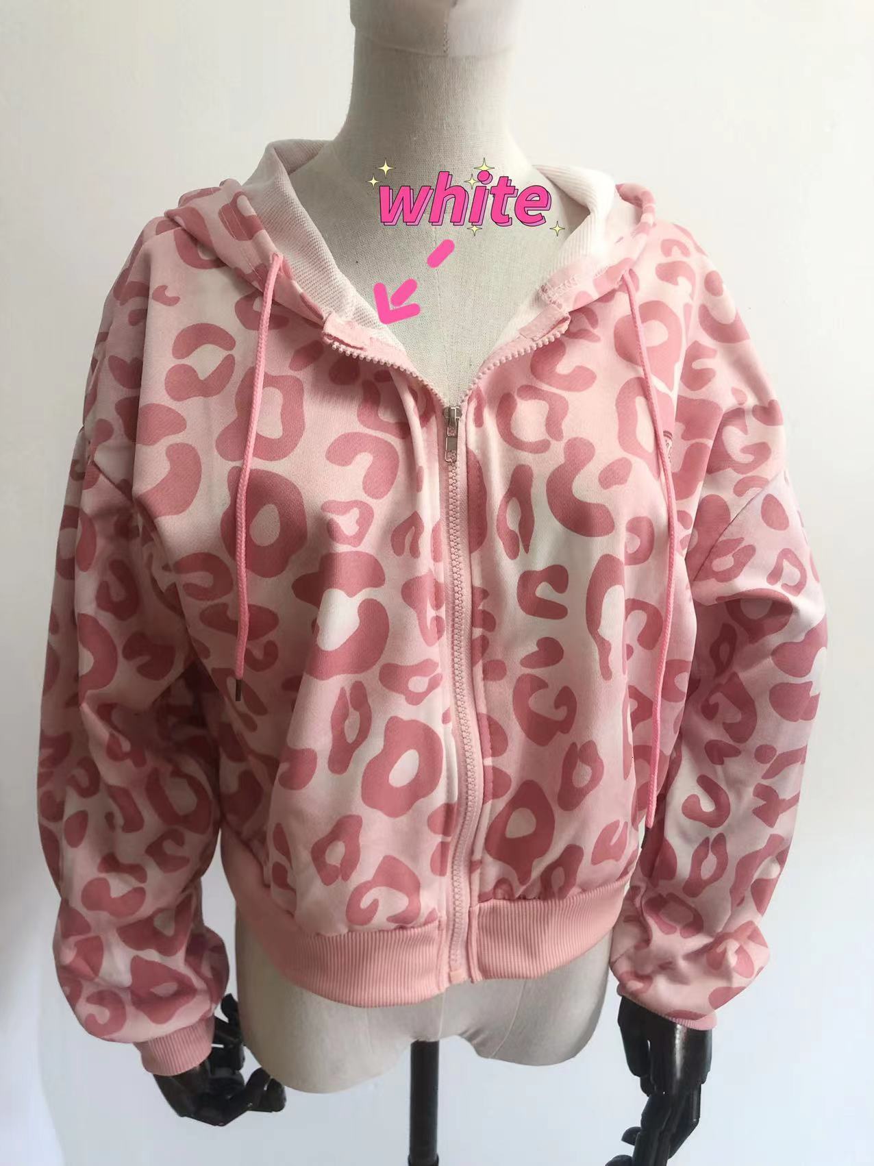 Women's Hoodies Sweatshirts Deeptown Preppy Style Pink Sweatshirts Leopard Print Y2K Harajuku Oversized Vintage Zipper Cropped Top Cute Jacket 23