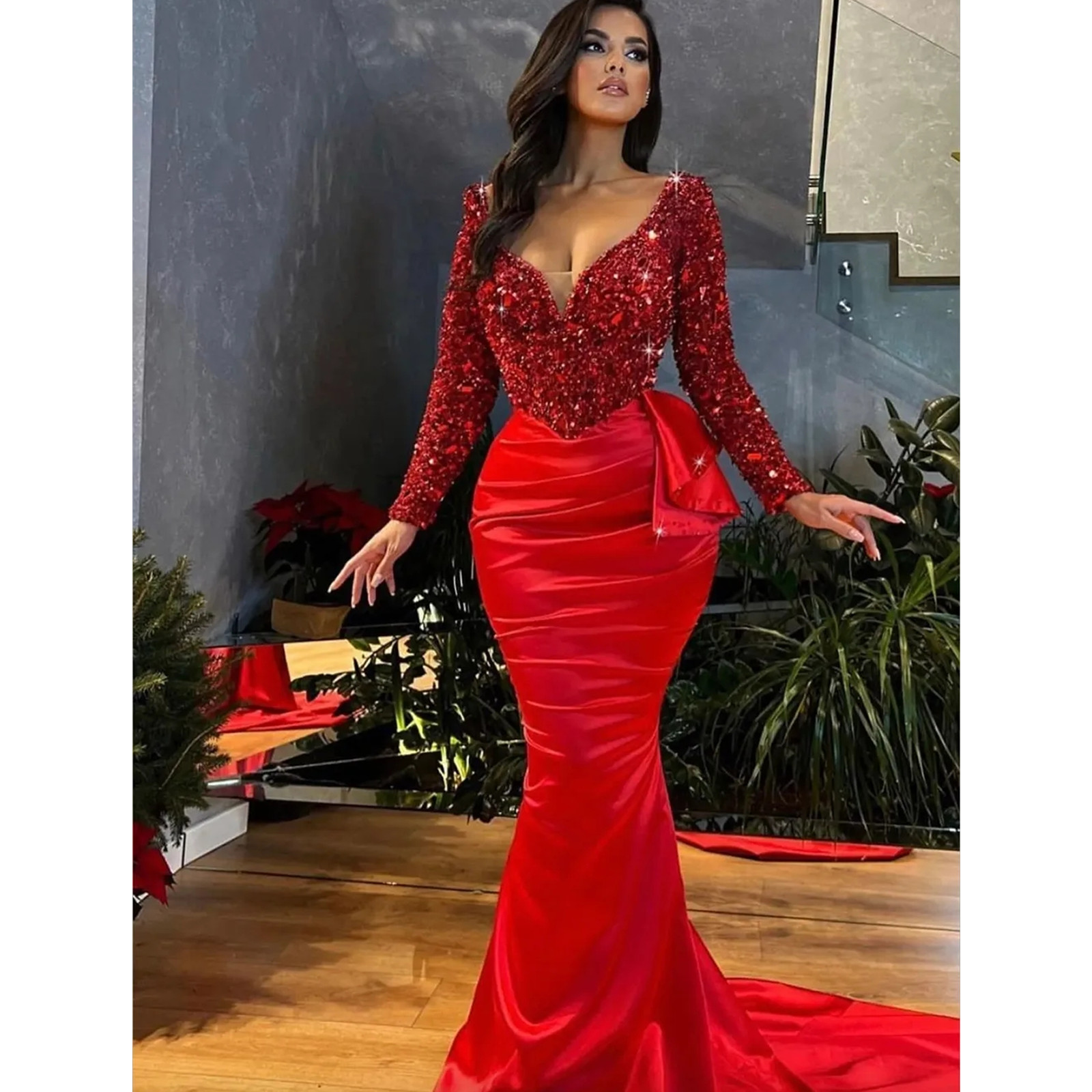 2024 Red Beaded Mermaid Prom Dresses Deep V Neck Long Sleeve Tailor Made Pleat Evening Gowns Robe De Mariee