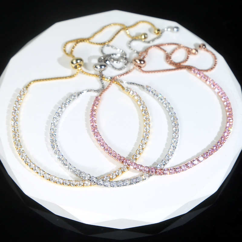 New Designer 3mm Adjustable Size Slider k Tennis Chain Tassels Bracelet Hip Hop Women Men Iced Out Paved Bg White Pink Cubic Zirconia Gift Jewelry