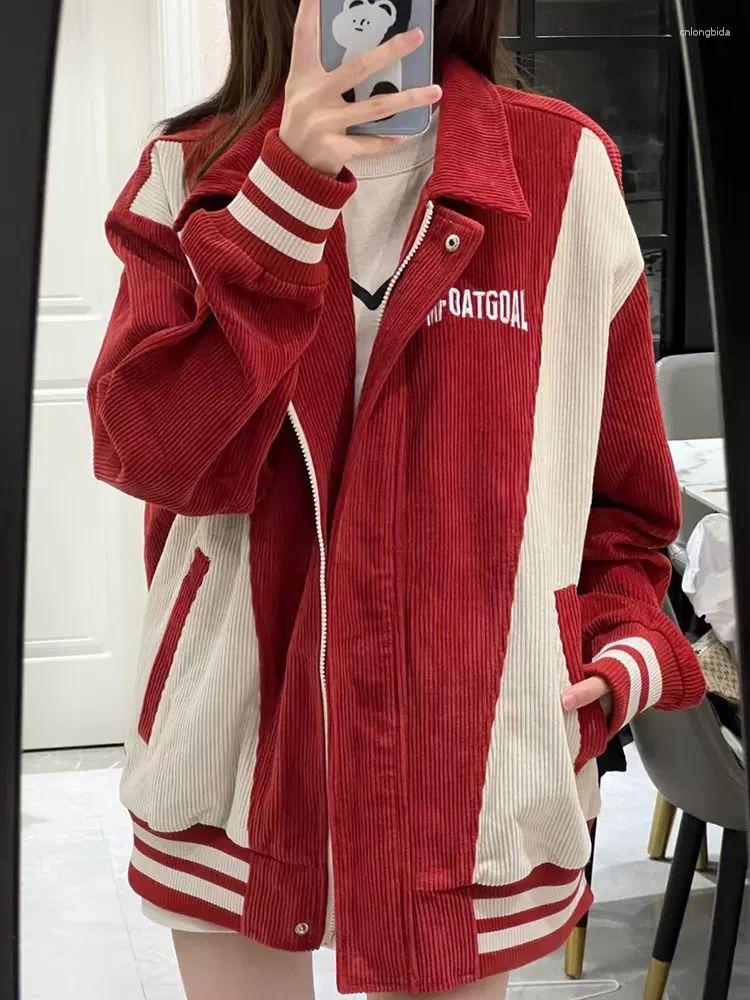 Women's Jackets Deeptown Harajuku Corduroy Baseball Jacket Women 90s Vintage Striped Patchwork Varsity Coats Loose Casual College Outerwear