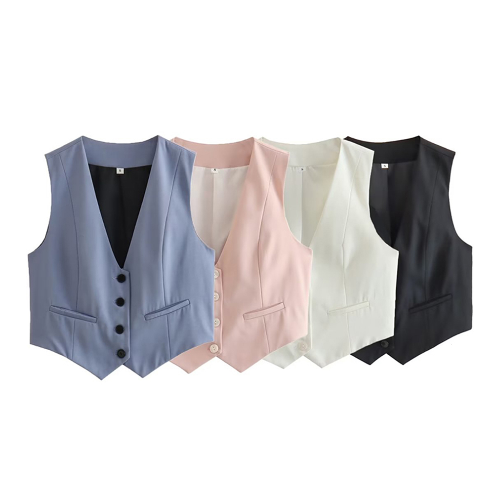 Women's Vests HDIMM TRAF Fashion Women's Vest Summer Sleeveless Tank Tops Female Vintage V-Neck Single-breasted Vests In 230808