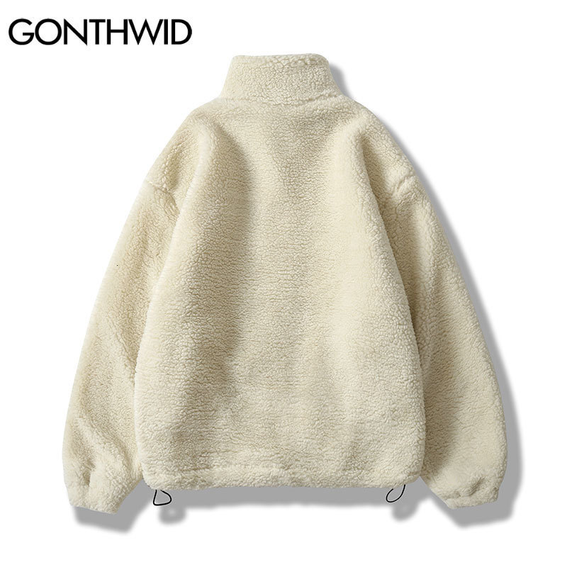 Men's Jackets Hip Hop Winter Fleece Fluffy Jacket Streetwear Harajuku Fuzzy Zipper Coat Men Autumn Solid Color Lightweight Jackets Black Beige