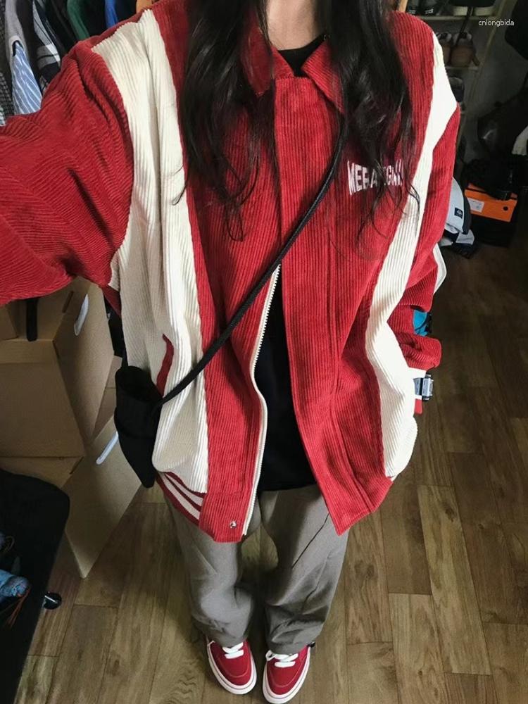 Women's Jackets Deeptown Harajuku Corduroy Baseball Jacket Women 90s Vintage Striped Patchwork Varsity Coats Loose Casual College Outerwear