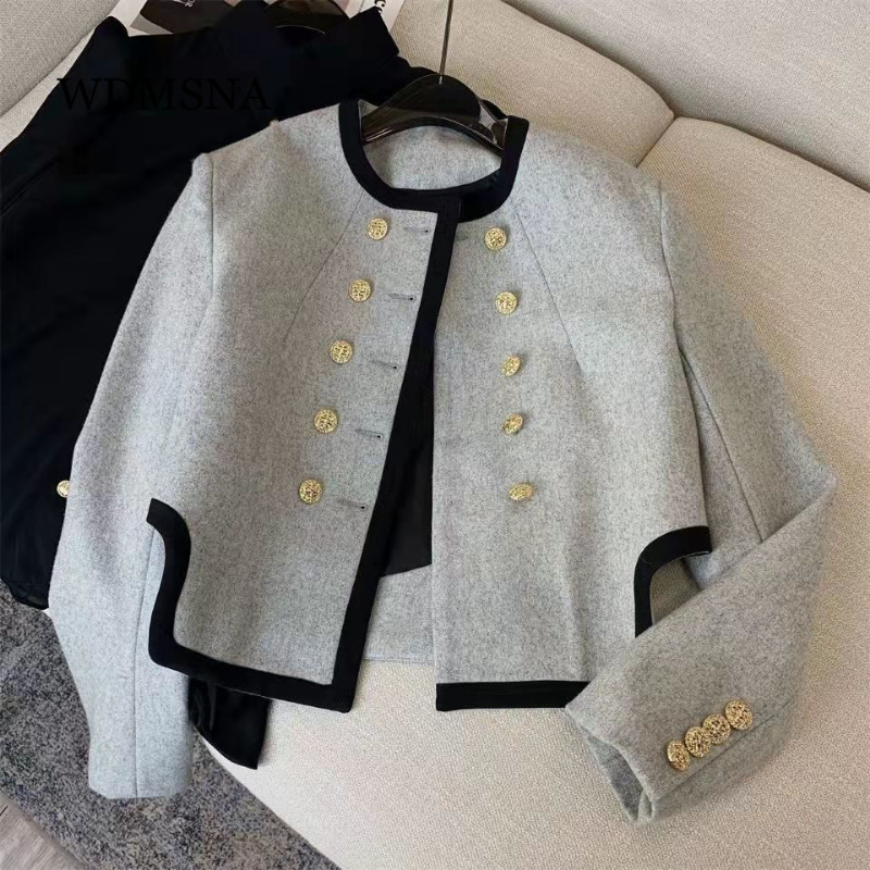 Womens Jackets WDMSNA Grey Irregular Small Fragrant Round Neck Coat Spring French Double Breasted for Women Short Wool Suit Top 230808