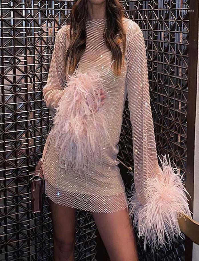Casual Drs 2022 Sheer Mesh Feather Trim Cuff Sexy Sparkle Shinny Nightclub Fashion Short Dress O Neck Long Sleeve Cover Up Beach6687678