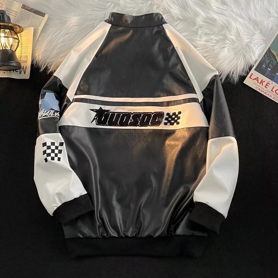 Mens Jackets Hip Hop American PU Leather Jacket Men Patchwork Letter Embroidery Motorcycle Biker Coats Unisex Bomber Flocking Clothes 230809