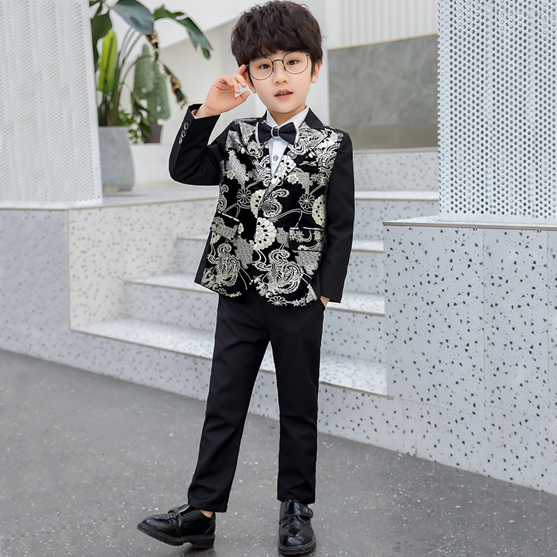 Suits Children Formal Dress Kids Flower Jacket Pants Bowtie 3PCS Piano Costume Boys Bronzing Show Host Handsome Pography Suit 230809