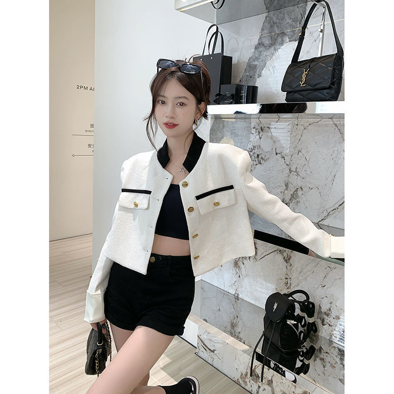 Womens Jackets Deeptown Korean Fashion Cropped Tweed Jacket Women Chic and Elegant Spring Harajuku Streetwear Style White Coat Female 230808