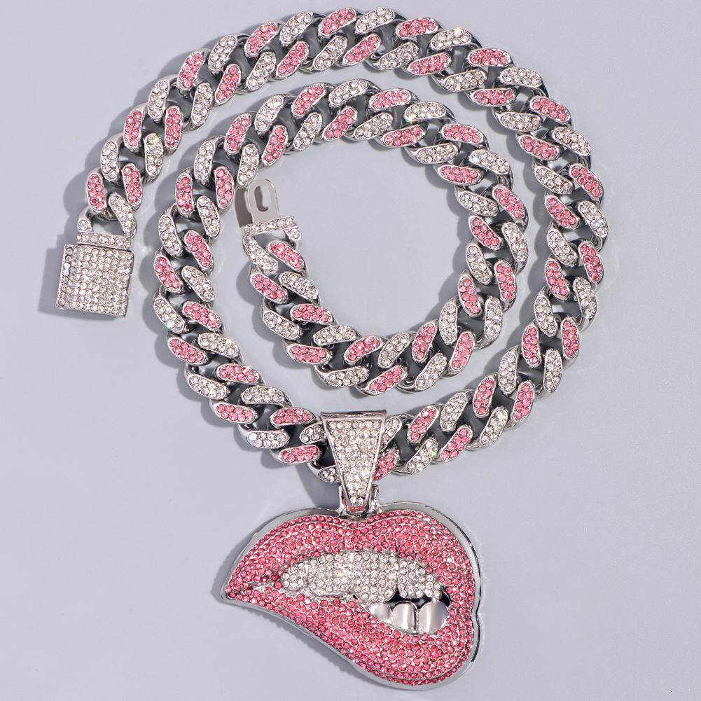 Pendant Necklaces Hip Hop Pink Bite Lip Shape Pendant Necklace for Women with Bling Iced Out Silver Color Cuban Link Chain HipHop Necklace Jewelry 230
