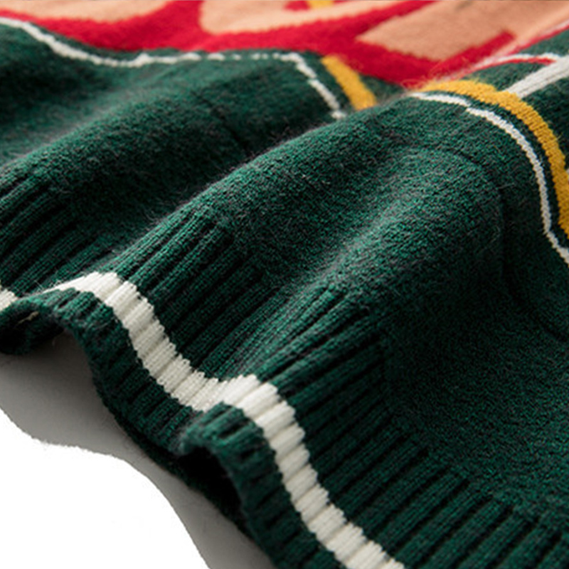 Men's Sweaters Vintage Knitted Sweater Men Green Letter Print Striped Pullover Women Harajuku College Style Jumpers Streetwear Spring Autumn 2308