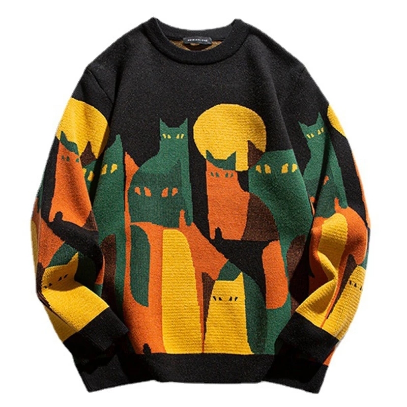 Men's Sweaters Japanese Harajuku Knitted Sweater Men Women Cartoon Full Cat Print Pullover Vintage Causal Loose Sweaters Streetwear Autumn 230808