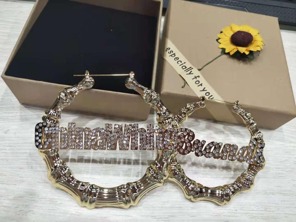 Hoop Huggie DOREMI Bling Name Bamboo Earrings Custom Trapezoid Hoop Bamboo Names Earrings Letter Big Personalised Name Earrings Women Gift 230808