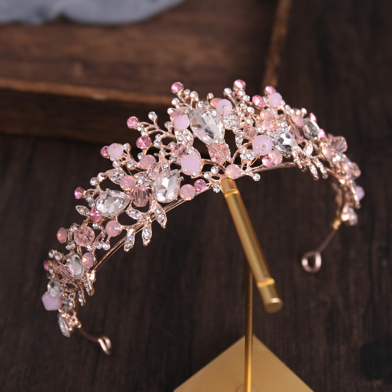 Wedding Hair Jewelry Rose Gold Silver Color Pink Crystal Bridal Tiara And Crown Handmade Queen Princess Diadem With Earring Women Wedding Accessories 