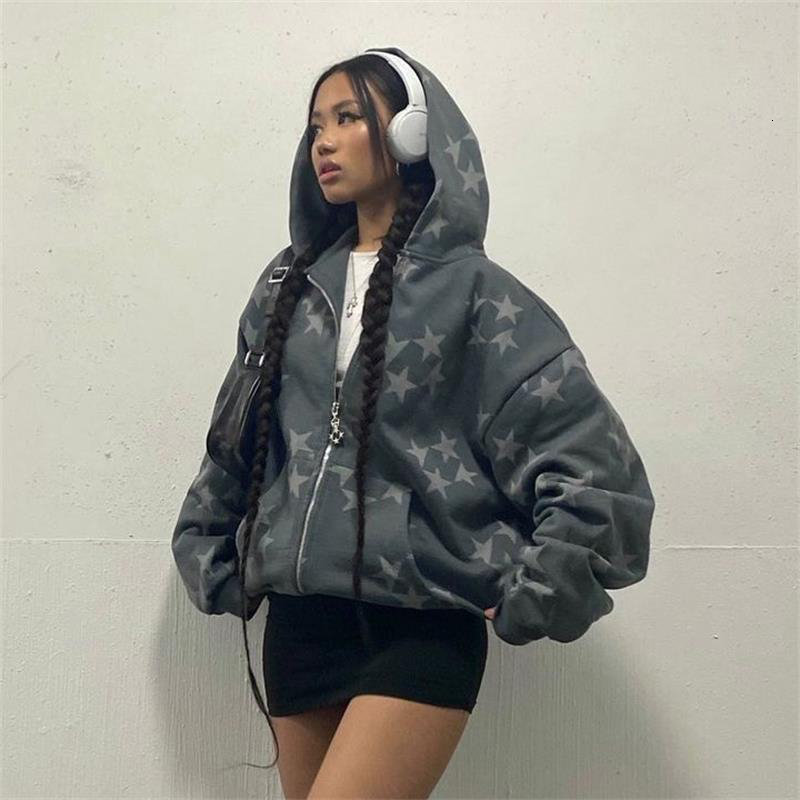 Women's Hoodies Sweatshirts Women Vintage Star Print Hoodies Fashion Casual Zip Up Long Sleeve Loose Jacket Coats Harajuku Hooded Sweatshirts Y2k