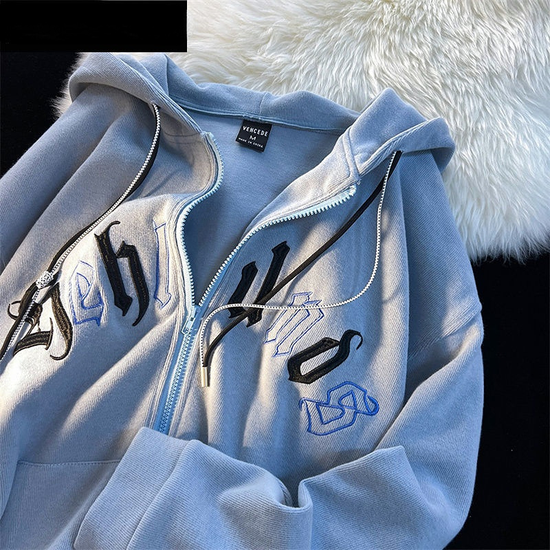 Womens Jackets American Vintage Letter Embroidery Zipper Hooded Jacket Couple Loose Fashion Street Long Sleeve Cardigan Coat women jacket 230808