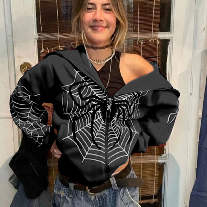 Women's Hoodies Sweatshirts Hip Hop Women Hoodies Gothic Spider Web Print Hooded Zip Up Jacket Coats Grunge Y2k Oversized Streetwear Men's S