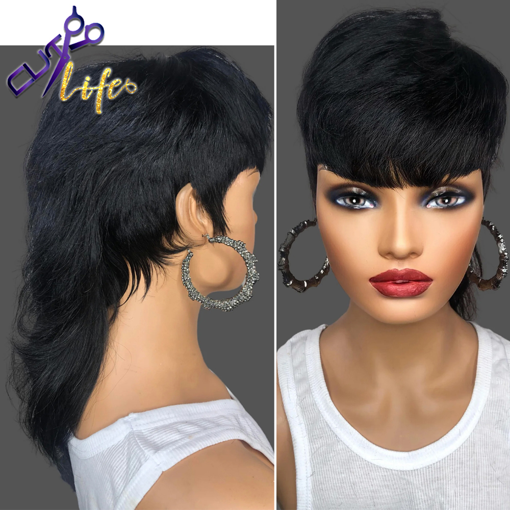 Synthetic Wigs Short Pixie Cut Wigs Full Machine Made Wig With Bangs Dovetail Straight Brazilian Remy Human Hair Wigs For Women Model Length 230808
