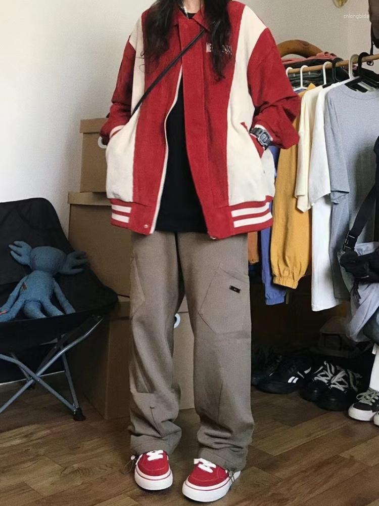 Women's Jackets Deeptown Harajuku Corduroy Baseball Jacket Women 90s Vintage Striped Patchwork Varsity Coats Loose Casual College Outerwear