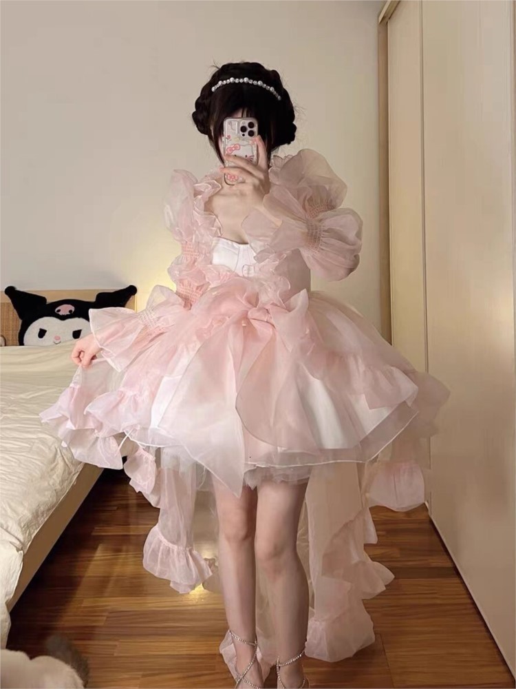 Urban Sexy Dresses Women Organza Chic Pink Asymmetrical Dress Vintage Summer Mini Birthday Female Ruffles Party Vestidos Lady Holiday Puff Dress 23080