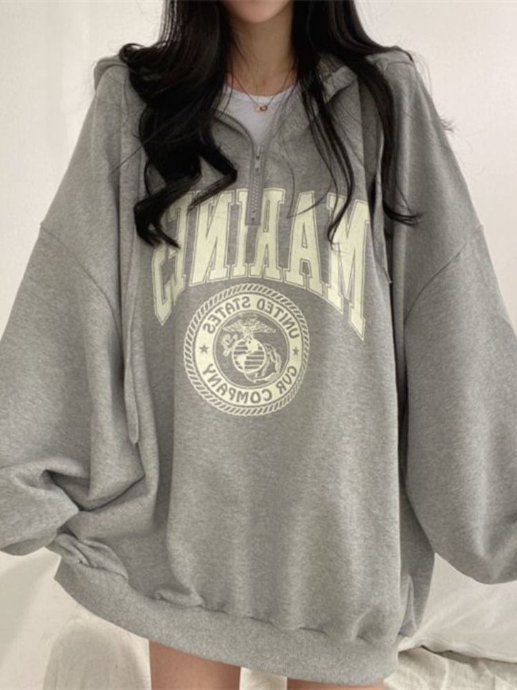 Women's Hoodies Sweatshirts Deeptown Hip Hop Zip Up Oversized Hoodies Women Harajuku Letter Print Sweatshirts Gray Vintage Loose Fleece Winter To