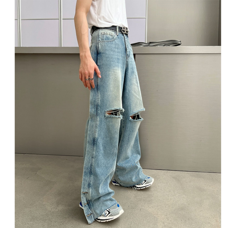 Mens Jeans FEWQ Y2k Ripped Burrs Solid Color Denim Pants Male Vintage Wornout Straight Trousers Breasted Oversize Retro 24B2664 230809