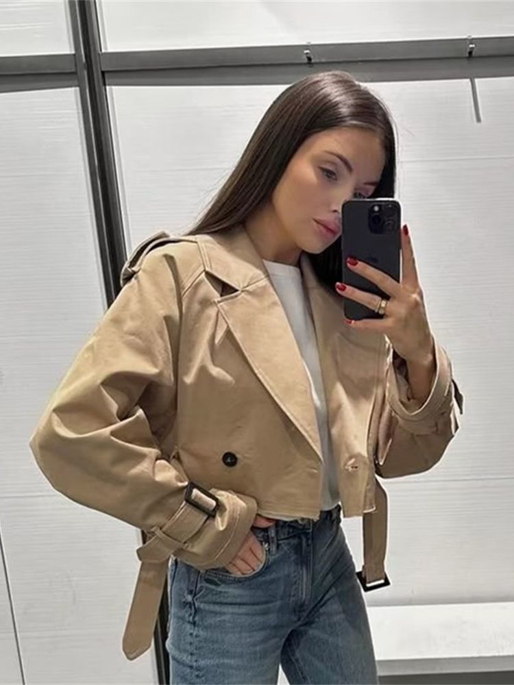 Womens Jackets Ladies Short Oversized Cropped Trench Coat Women Jacket Lapel Collar Long Sleeve Outerwear Chic Loose Tops Female 230808
