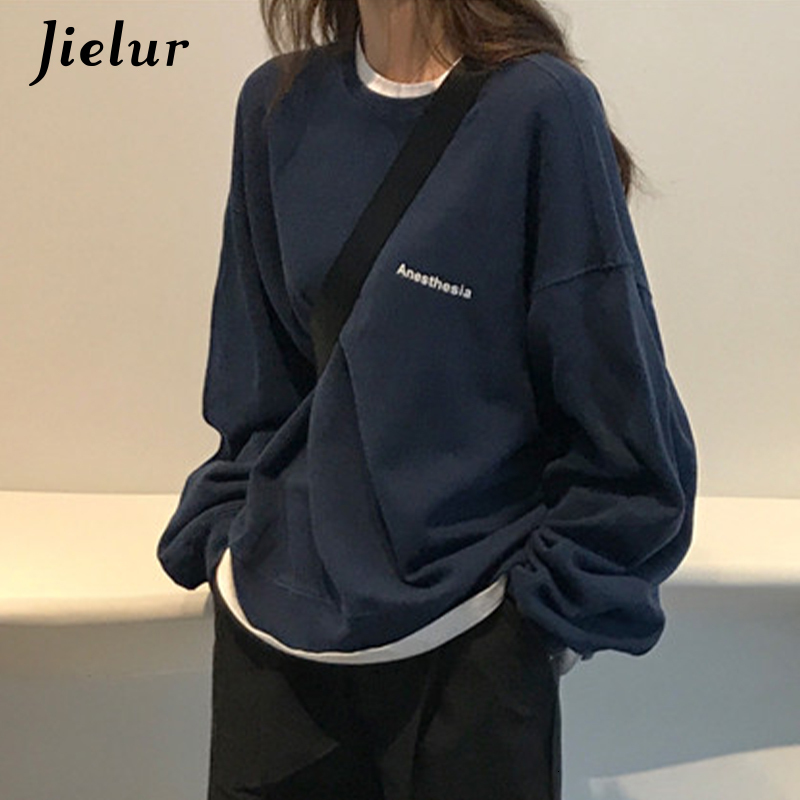 Women's Hoodies Sweatshirts Jielur Kpop Letter Hoody Fashion Korean Thin Chic Women's Sweatshirts Cool Navy Blue Gray Hoodies for Women M-XX