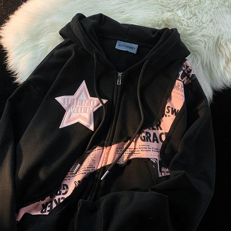 Women's Jackets Deeptown Y2K Vintage Zip Up Hoodies Women Harajuku Hip Hop Letter Print Sweatshirts Gothic Streetwear Loose Patchwork Tops