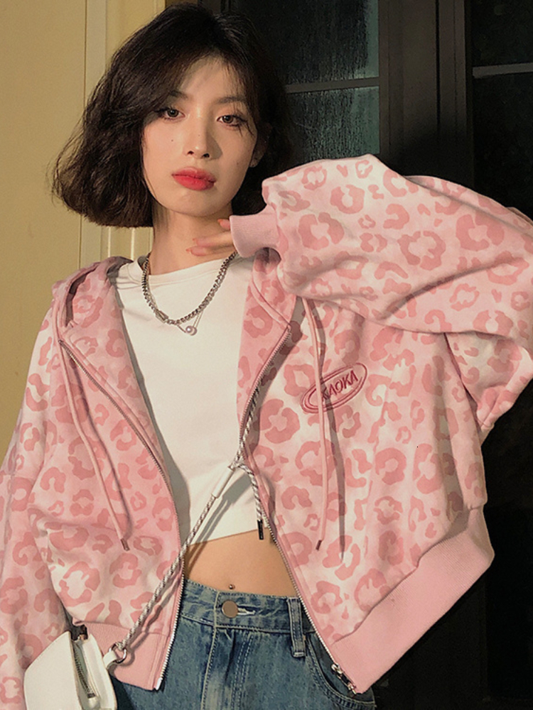 Women's Hoodies Sweatshirts Deeptown Preppy Style Pink Sweatshirts Leopard Print Y2K Harajuku Oversized Vintage Zipper Cropped Top Cute Jacket 23