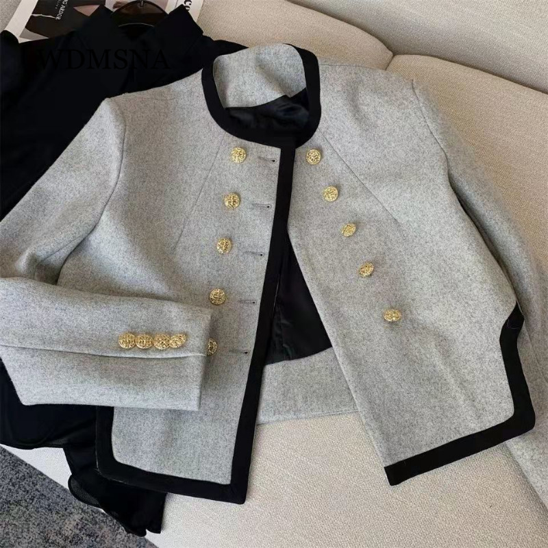 Womens Jackets WDMSNA Grey Irregular Small Fragrant Round Neck Coat Spring French Double Breasted for Women Short Wool Suit Top 230808