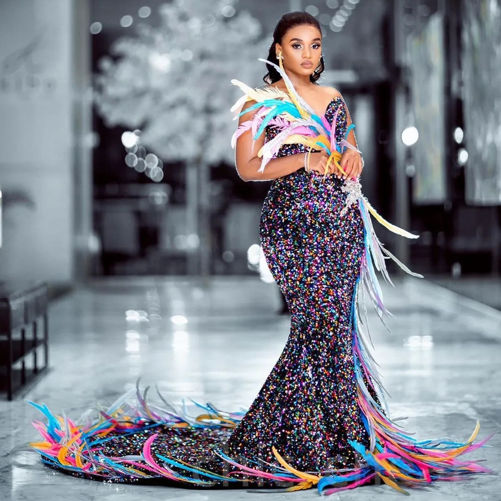 Arabic Plus Size Aso Ebi Colorful Mermaid Prom Dresses Feather Sequined Lace Evening Formal Party Second Reception Birthday Engagement Gowns Dress 666
