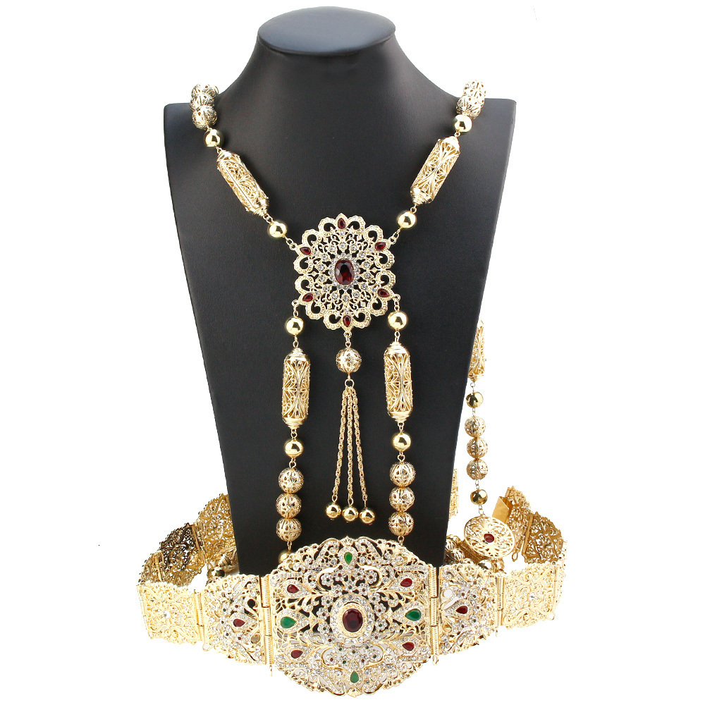 Belly Chains Sunspicems Bride Dress Caftan Belt Shoulder Chain Set Gold Color Algeria Morocco Women Wedding Jewelry Arabic Crystal Body Chain 230808