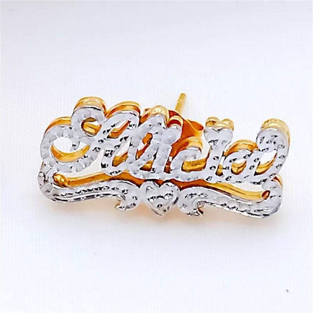 Hoop Huggie Double Layer Nameplate Earrings Personalized Custom Name TwoColor Ear Studs For Women Letter Name Earrings 230808