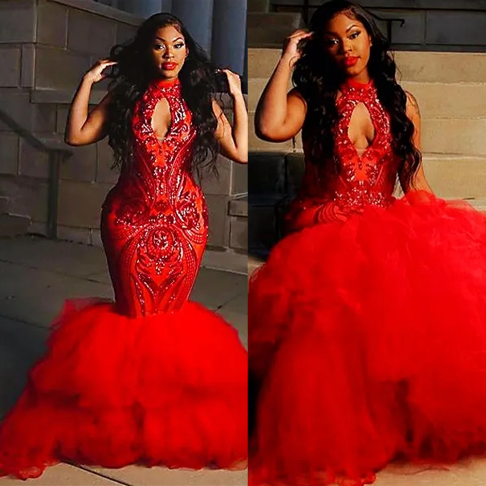 Plus Size Arabic Aso Ebi Red Mermaid Sexy Prom Dresses Lace High Neck Evening Formal Party Second Reception Gowns Dress 6660312
