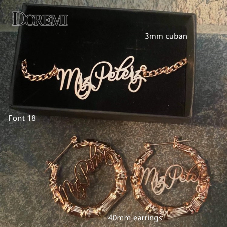 Hoop Huggie DOREMI Name Earrings and Necklace set 3MM Cuban Chain Round Bamboo Earrings Custom Bamboo HoopLetter Personalised Name Earrings 230808
