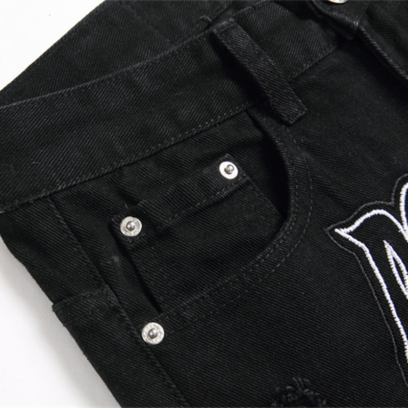 Mens Jeans Black Ripped Applique Embroidered Punk Style MidRise Slim Pencil Pants Fashion Streetwear 230809