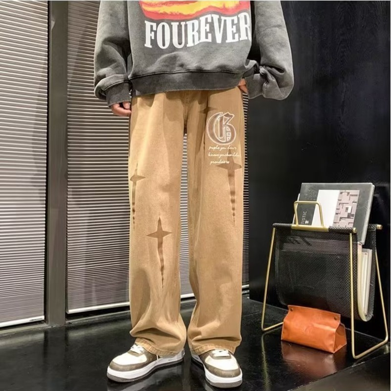 Mens Jeans Retro Print Neutral Wide Leg Denim Trousers hip hop Loose Straight Men Man Casual Baggy man Pan 230809